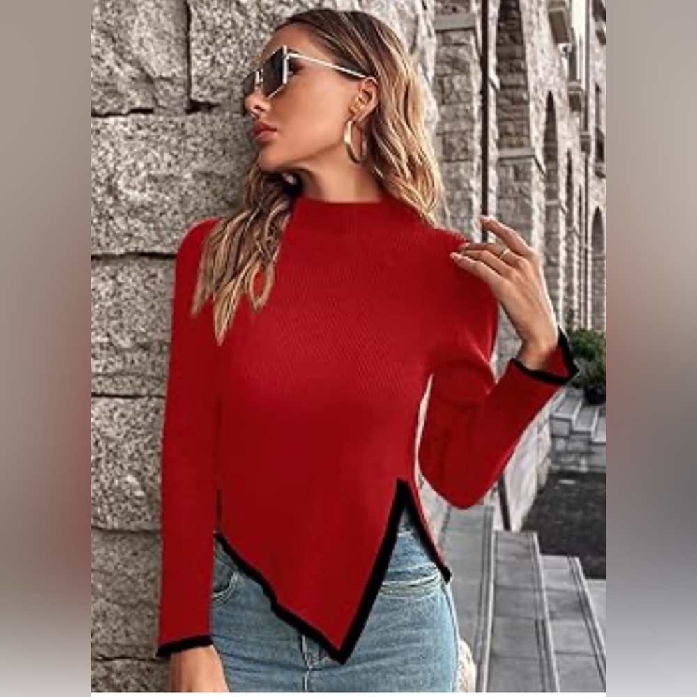 Casual Top Sweater Knit Contrast Trim Mock Neck Asymmetrical Hem Sweater size S